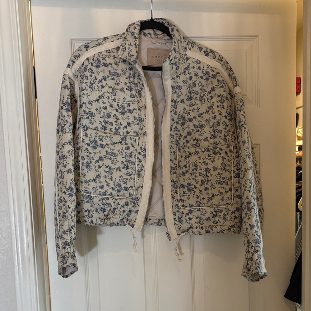 BlankNYC blue and white quilted floral jacket